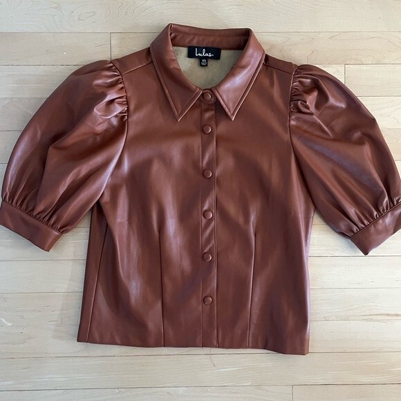 Lulus Making Impressions Brown Vegan Leather Puff Sleeve Top XS NWOT - Picture 9 of 12